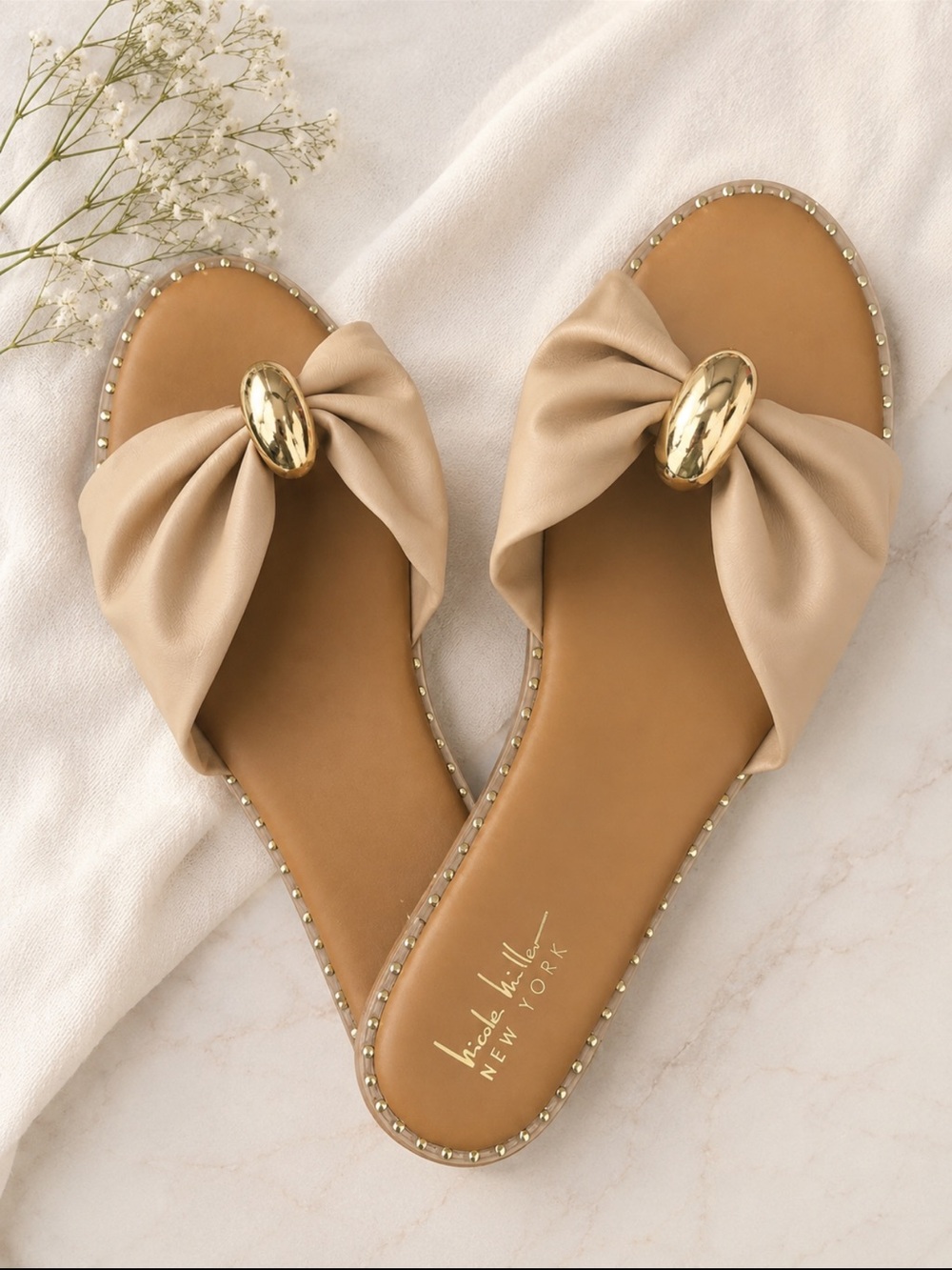 Nicole Miller Beige Bow Slide Sandals with Gold Accent